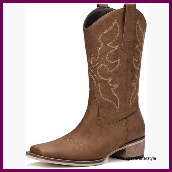 Shoes - Mid Calf Western Cowboy Boots Square Toe Embroidery Faux Leather